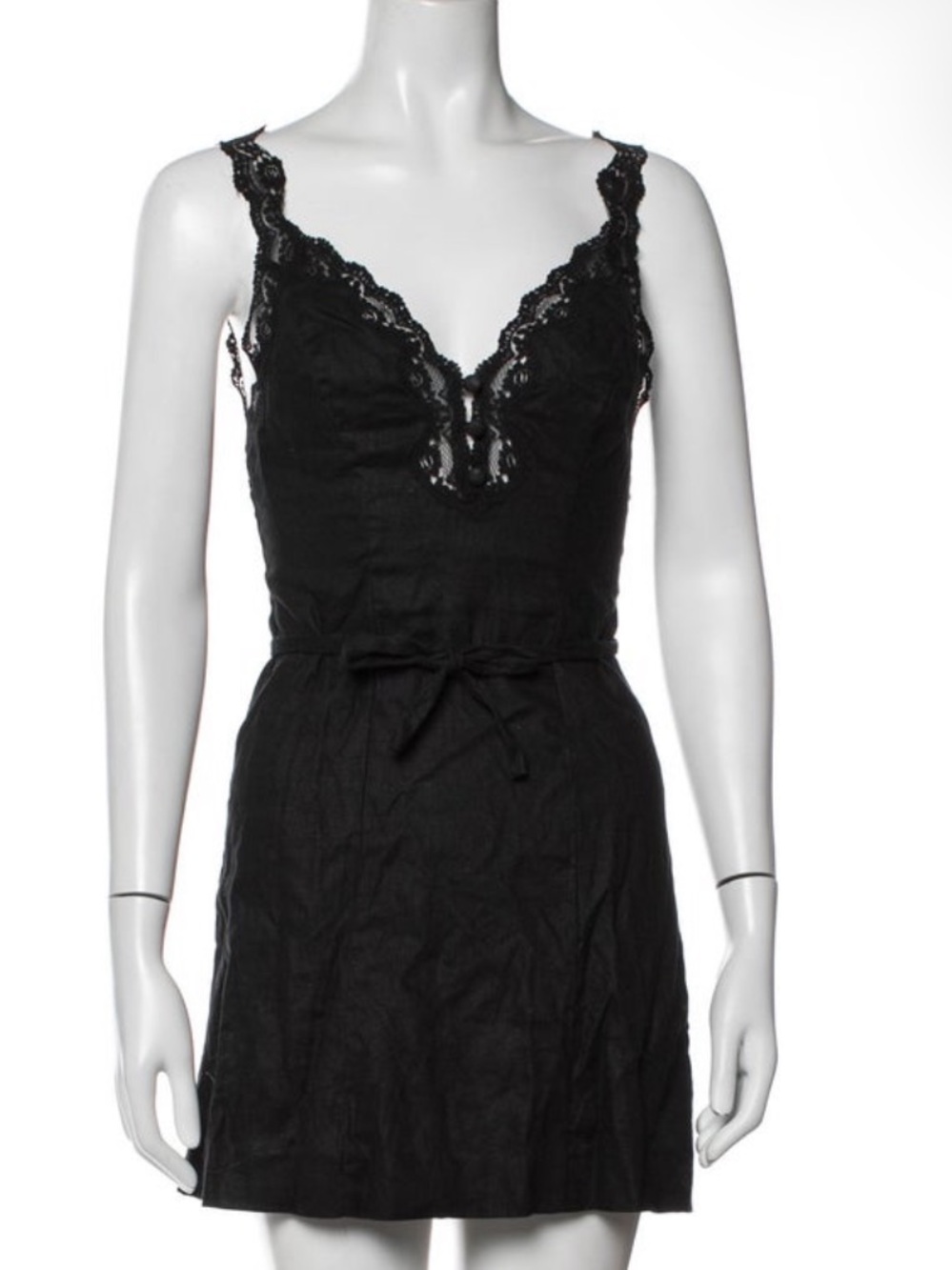 Reformation Black Linen Mini Dress with Lace V-Neck